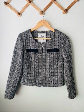 Milly NY Black White Tweed Cropped Zip Jacket Size 0  (0001)